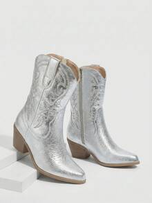 Daringsoles 女士厚底性感假日西部靴通勤刺绣尖头中跟侧拉链秋冬靴美式短靴低帮靴假日圣诞节万圣节复古靴 - 銀色 - 查看 8