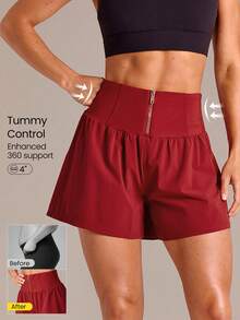 GLOWMODE VitalSwift Tummy Control High-Waisted A-Line Shorts With Built-In Shorts Contrast Zipper Pocket Casual Gym Summer Quick Dry - Maroon - View 1