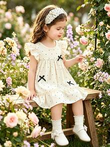 SHEIN Baby Girls' Casual Cute Polka Dot Bowknot Flounce Sleeve Design Dress, Suitable For Spring/Summer Daily Wear - Apricot - View 12