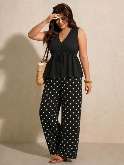 Elaquor Plus Size Women's Vintage Polka Dot Print 2 Piece Set, Suitable For Summer, Black Outfit For Vacation & Office