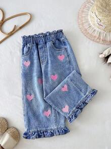 Quần jean ống rộng màu xanh dương thêu hình trái tim, có bèo nhún ở gấu quần, dành cho bé gái. - Màu xanh lam - Xem 9