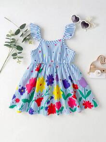 SHEIN Đầm dệt sọc và họa tiết hoa nhí cho bé gái, cổ vuông, viền bèo nhún, kiểu dáng thường ngày. - Nhiều màu - Xem 2