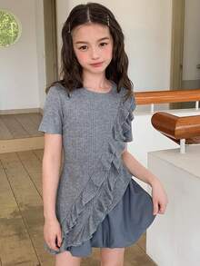 Dazy Kids Bộ áo thun cổ tròn thiết kế bất đối xứng dành cho bé gái (cỡ lớn). - Xám - Xem 5