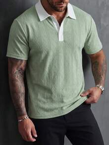 Manfinity Homme Men's Polo Shirt,Grey,Autumn,Smart Casual,Golf,Contrast Color Casual Knit,Old Money Diamond Pattern Textured Short Sleeve Top,Retro Fashionable Style - Green - View 4