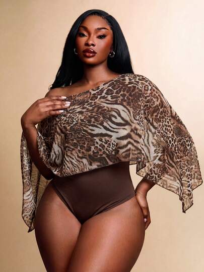 Radiana Plus Size Women's Elegant Sexy Daily Basic Leopard Print Animal Print Elegant Off Shoulder Batwing Cape Style Bodysuit,Suitable For Urban,Sexy Office Siren Coquettish,Versatile,Cruise Attire,Commuting,Business,Retro,Vintage,Party,Resort,Outing,Old Money,Richly Layered,Date Night,Gathering,Minimalism,Birthday,Formal Event,Gyaru,Ibiza,Nashville,Break,Modest,Chic,Casul,Shopping, Streetwear,Going Out,Coquette,Accent Your Body,Flatter The Figure