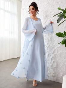 Yasmyna Elegant Organza Butterfly Embroidered Long Sleeve Vest Dress Abaya For Women - Blue - View 4