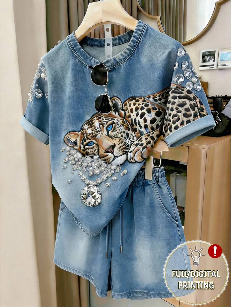 Resyla Bộ đồ 2 mảnh dành cho nữ, áo denim in họa tiết da báo và quần short cạp chun, trang phục mùa hè thường ngày. - Nhiều màu - Xem 1