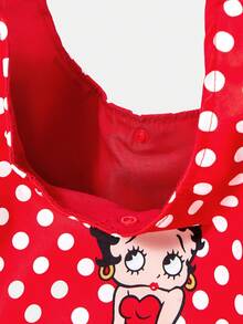 Betty Boop x SHEIN 1個大容量印花圖案單肩手提包，適用於露營、海灘、旅行、購物、學校、工作及其他場合 - 紅底白點 - 查看 5