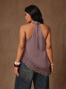 Rustia Plus Size Fashionable Elegant Satin Lace Patchwork Asymmetrical Blouse Date Night Brunch Formal Evening Dark Purple Summer - Redwood - View 2
