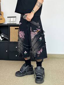 STEELVANCE Quần short denim ống đứng dáng rộng, đa năng, thêu họa tiết tua rua, phong cách đường phố cổ điển, thích hợp cho mùa hè. - màu đen - Xem 5