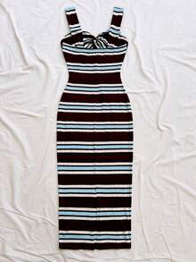 Soleia Women's Striped Twist Design Casual Spaghetti Strap Mid-Length Dress - Multicolor - View 2