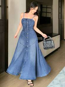 DAZY Đầm hai dây denim bạc màu, phong cách thường ngày dành cho nữ, thích hợp cho mùa xuân và mùa hè. - Màu xanh lam - Xem 7