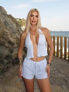 Luzma Cabello Luzma Cabello Blue & White Striped Linen Deep V Halter Backless Camisole And Low Waist Drawstring Loose Casual Short Beach Sexy Cute Elegant Romantic Summer Top For Women - Blue - View 4