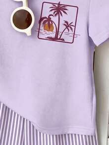 Bộ áo thun ngắn tay và quần short kẻ sọc in hình cây cọ nhiệt đới dành cho bé gái, thích hợp mặc đi biển, nghỉ mát hoặc đi làm hàng ngày. - Nhiều màu - Xem 6