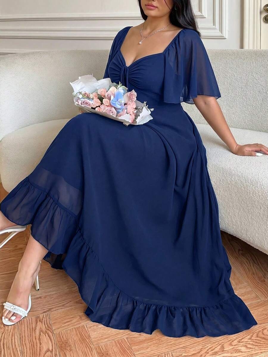 Vibekara Plus Size Casual V-Neck Ruffle Sleeve A-Line Dress, Elegant And Comfortable For Outings - Navy Blue - View 1