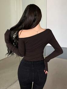 DAZY Women's Solid Color Asymmetrical Slim Fit Long Sleeve T-Shirt - Coffee Brown - View 3