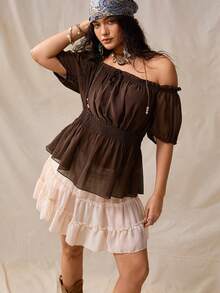 Nubod Plus Size Summer New Chiffon Ruffle Off Shoulder Petal Sleeve Cinched Waist Flared Hem Women's Fashion Romantic Boho Vacation Elegant Blouse Brown - Brown - View 4