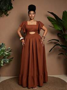 Maweii Vestido elegante plus size feminino para férias, cor sólida, decote quadrado, mangas com babados e recorte na cintura. - Castanho - Ver 4
