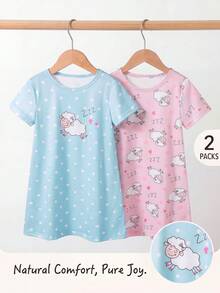 Genkimix Kids 2 pièces/Set Jeune fille Minimaliste Mignon Imprimé Mouton Dessin Animé Manches Courtes Longue Chemise de Nuit Ensemble Pyjama, Rose et Gris - Vert - Voir 4