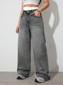 SHEIN Tall Quần jeans ống rộng cạp cao hai lớp dành cho nữ, trang phục thường ngày mùa hè phong cách Y2K và dự tiệc đường phố dành cho nữ. Quần ống đứng rộng cạp thấp dành cho nữ, quần jeans cạp đôi dành cho nữ dáng cao, quần jeans cạp thấp cho nữ dịp Valentine, quần jeans rộng thùng thình, quần jeans mùa hè. - Màu xám đen - Xem 5