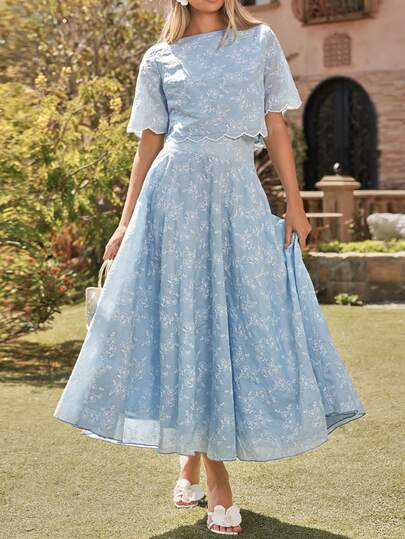 Amorya Women's Spring/Summer New Elegant High-End Embroidered Blouse & A-Line Skirt 2-Piece Set