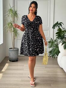 SHEIN EZwear 大码女士休闲碎花系带度假连衣裙 - 彩色 - 查看 4