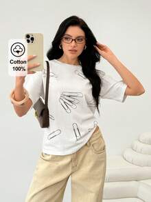 BiGraphic Women's White Summer Safety Pin Printed Casual Loose T-Shirt, Versatile For Commuting, Shopping, Afternoon Tea - White - View 1
