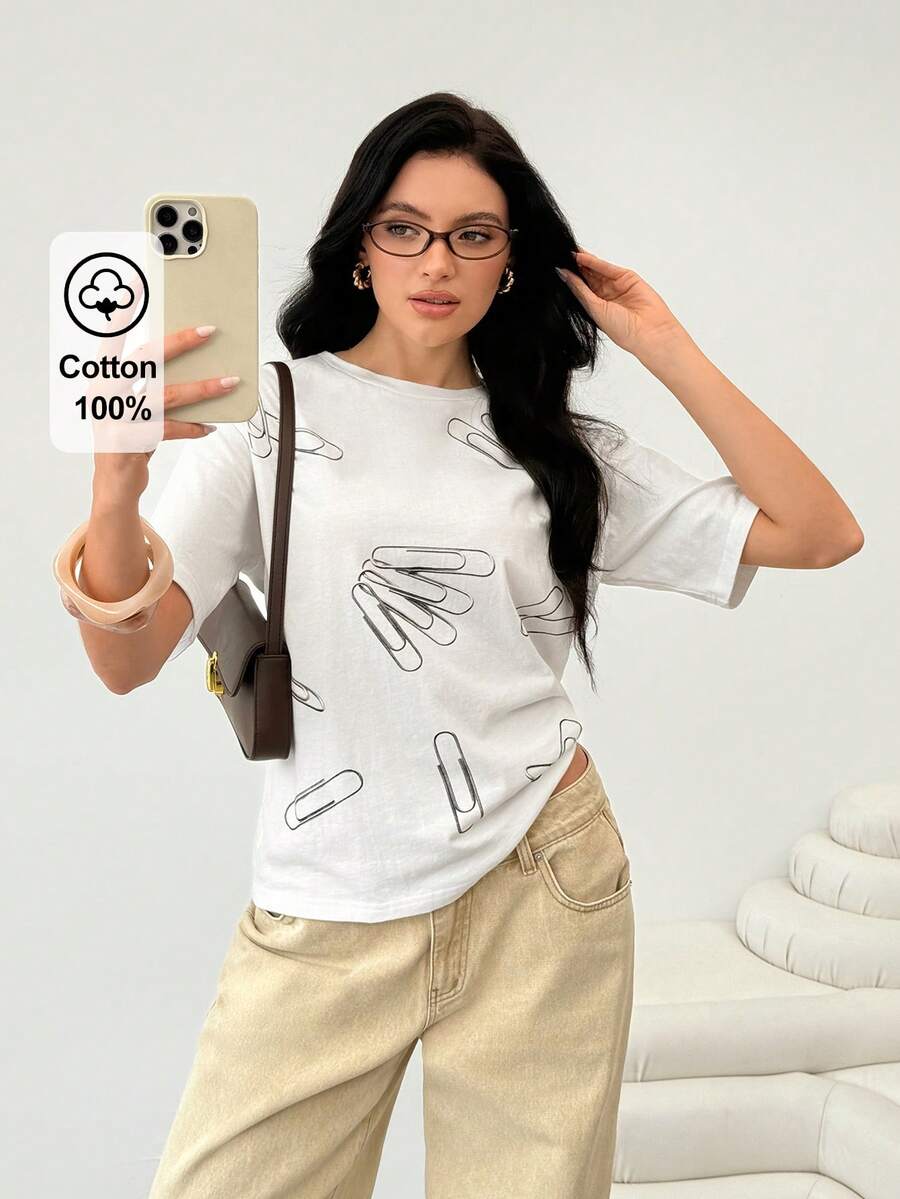 BiGraphic Women's White Summer Safety Pin Printed Casual Loose T-Shirt, Versatile For Commuting, Shopping, Afternoon Tea - White - View 1