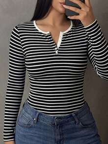 Dazy Plus Partial Zip-Up Elastic Fitted Solid Color Versatile Long Sleeve Black T-Shirt, Spring/Summer/Autumn - Black and White - View 2
