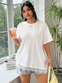 SHEIN EZwear 大码女式白色休闲夏季百搭网眼圆领落肩T恤 - 白色 - 查看 8