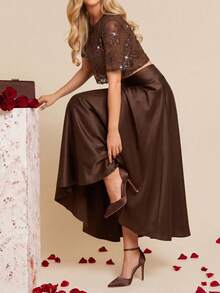 Ellevyn Women's Spring/Summer New Elegant High-End Embroidered Blouse & A-Line Skirt 2-Piece Set - Mocha Brown - View 5