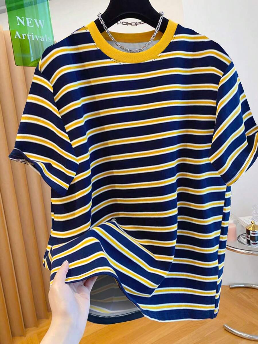 SHEIN Blusa de mujer, nueva colección primavera/verano 2026 con diseño único de estilo coreano, camiseta de rayas de colores contrastantes para mujer de estilo suelto y relajado, un regalo para tu novia - Multicolor - Ver 1