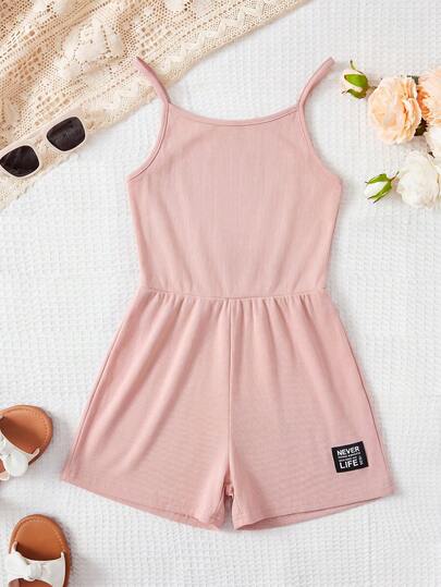 SHEIN Tween Girls' Casual Letter Patch Spaghetti Strap Knit Jumpsuit, Summer