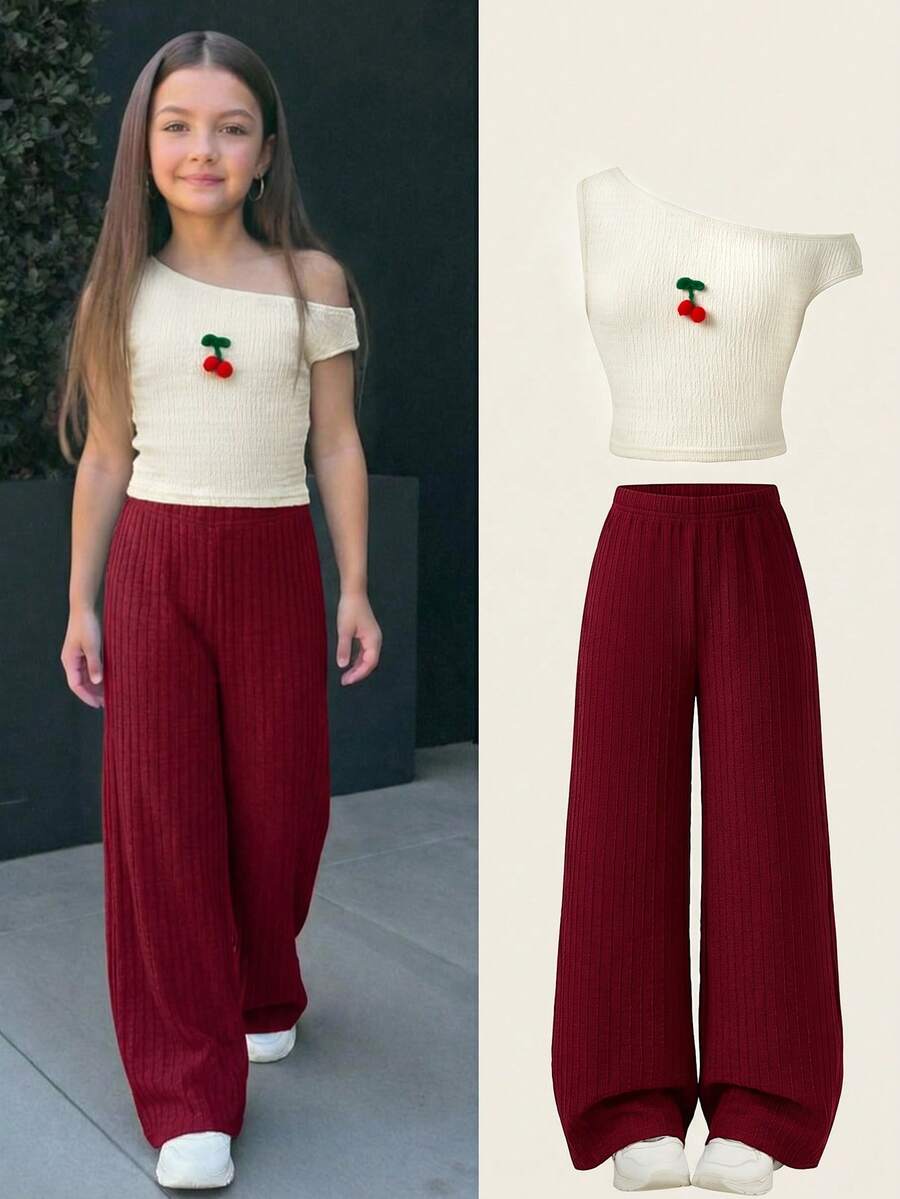 Firerie Kids Setelan 2 Potong untuk Remaja Perempuan: Kaos Crop Asimetris Model Off-Shoulder Bahan Chiffon Bertekstur Warna Polos dan Celana Panjang, Cocok untuk Liburan dan Pantai. - MultiWarna - View 1