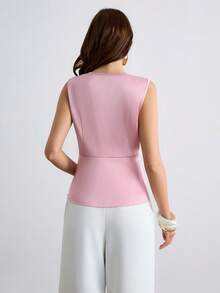 CielaLinda Áo satin không tay cổ chữ V có dây rút dành cho nữ - Hồng - Xem 2