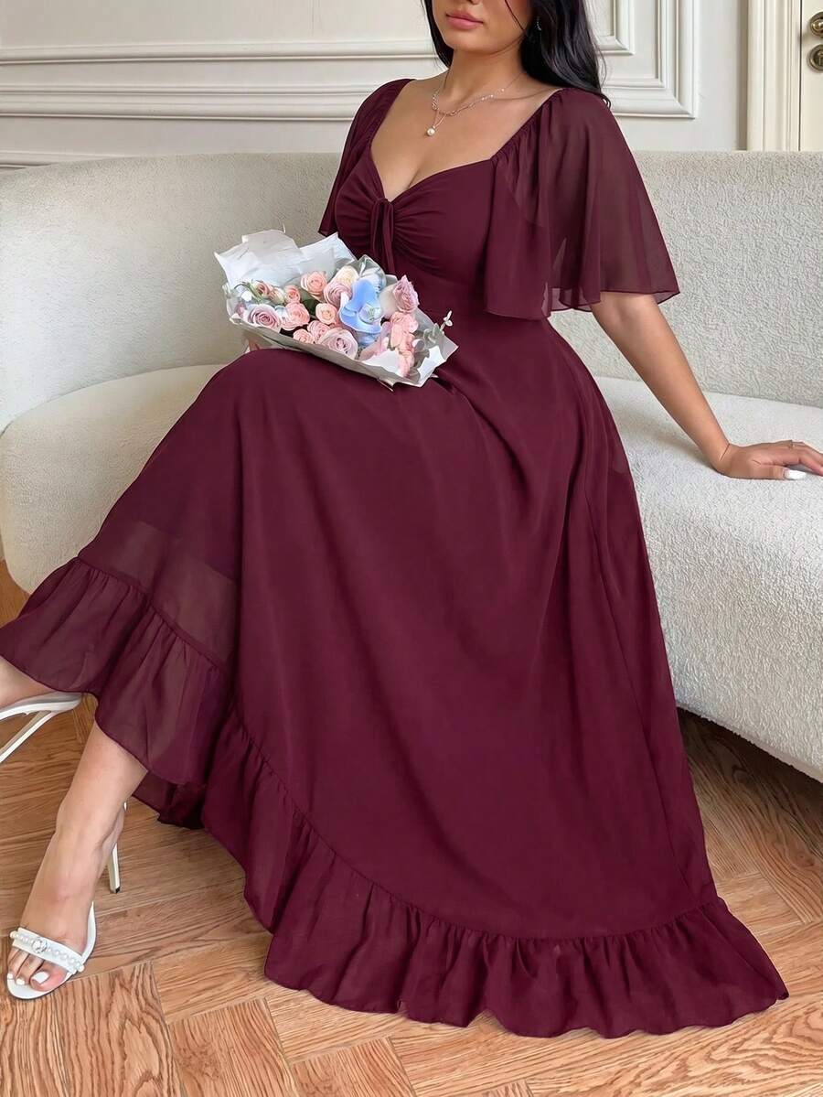 Vibekara Gaun A-Line Lengan Ruffle Leher V Kasual Ukuran Besar, Elegan dan Nyaman untuk Beraktivitas di Luar Ruangan - Burgundy - View 1