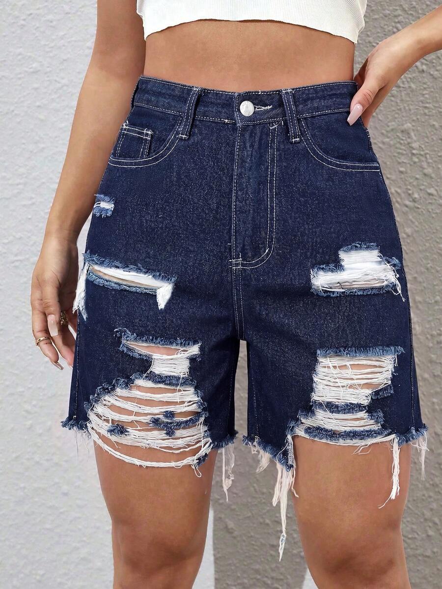 Jeanoix Women's High Waist Pocket Distressed Frayed Hem Denim Shorts Concert Navy Blue And White Summer Casual - Dark Wash - View 1