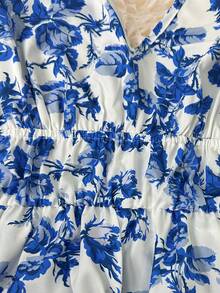 Flirla Plus Size Women Backless Vacation Floral Print Camisole Romper With Double Ruffle Hem - Blue - View 5
