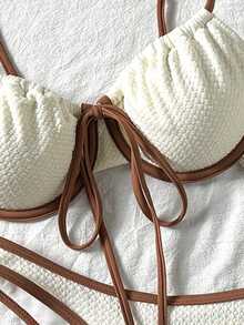 4pcs Brown & Beige Textured Fabric Underwire Swimwear Set - Multicolor - View 4
