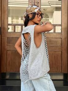 Muchica Áo tank top nữ gợi cảm, thời trang, khoét eo, dáng rộng, thích hợp cho mùa hè. - Xám - Xem 6