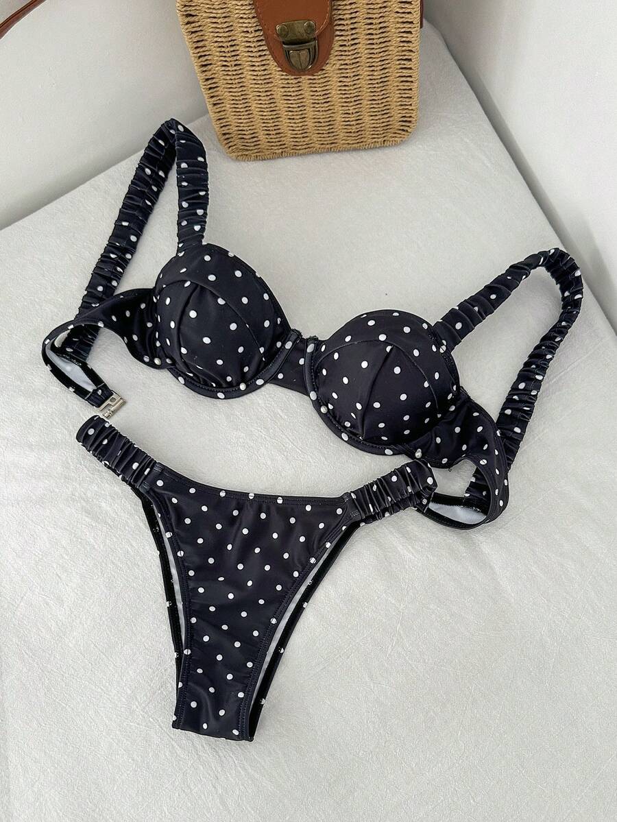 Swim Mod Bộ bikini hai mảnh có gọng, chấm bi đen trắng, thích hợp cho kỳ nghỉ hè, tiệc tùng trên bãi biển dành cho nữ, thiết kế mới. - màu đen - Xem 1