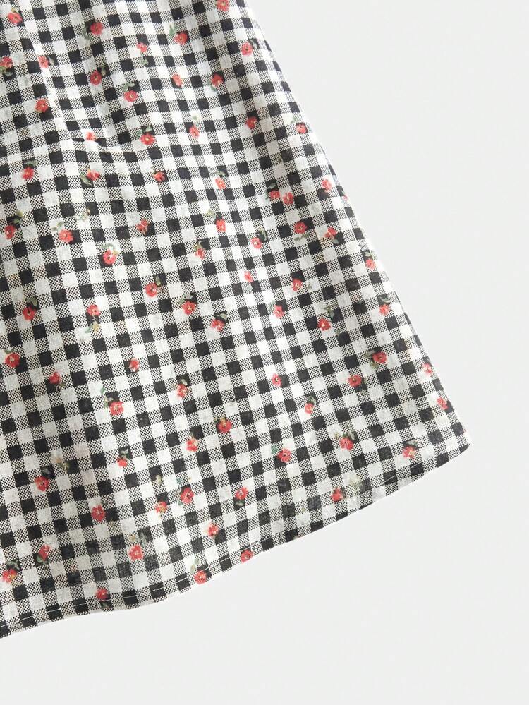 Floral And Gingham Printed Midi Dress With Contrast Red Straps And Tie Front Detail Vintage Cute Spring Summer Casual Holiday Dress Spaghetti Strap Dress Knee Length Dress French Style Dress