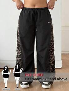 SHEIN Tall CURVE Quần nữ cỡ lớn họa tiết da báo, cạp chun có dây rút và túi, kiểu dáng thường ngày. - màu đen - Xem 3