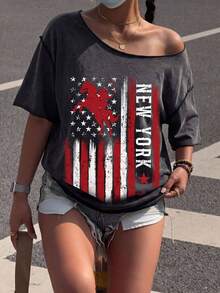 Muchica 复古美式水洗宽松不对称领口旗帜印花性感女式T恤，适合假日、夏季上衣、日常通勤、约会、聚会、秋冬夏三季、圣诞节、新年、感恩节、派对、婚礼、海滩、毕业典礼、时尚、优雅、休闲、外出、约会、预订、通勤、闪亮、情人节、优雅、度假、休闲、Y2K、外出、毕业典礼等场合。 - 黑色 - 查看 5