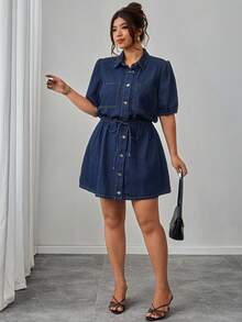 Elenzga Plus Size Women Elegant Comfortable Loose Navy Blue Non-Stretch Denim Dress - Dark Wash - View 4