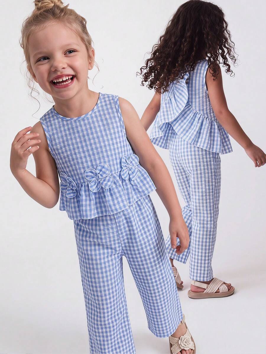 Maija Kids Maija Kids 两件套儿童/女童优雅休闲校园风宽松舒适蓝白格纹无袖上衣和裤子套装,腰部饰有花朵图案,适合日常穿着、返校、旅行、度假、春夏季节。 - 藍白色 - 查看 1