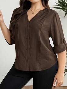 Modelyn Plus Size Women's Solid Color Cuffed Sleeve Pleated Design Casual Shirt - Coffee Brown - View 8
