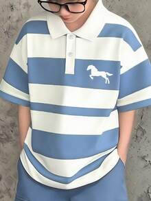 SHEIN Casuvi Kids 男童春夏短袖Polo衫和长裤两件套，时尚针织条纹动物纹印花，休闲舒适大口袋长裤，百搭户外服装 - 彩色 - 查看 4