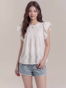SHEIN Unity Summer New White Ruffle Trim Hollow Embroidered Striped Blouse, Elegant Sexy Vintage College Style Office Golf Commute Wear For Graduation Ceremony - White - View 5