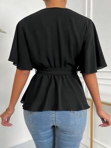 EMERY ROSE Solid Wrap Belted V-Neck Blouse Peplum Top - Black - View 2